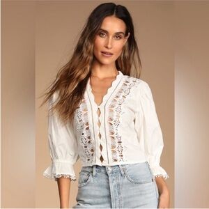 Free People Louella White Embroidery-Trim Button-Down Peasant Blouse - SZ XS